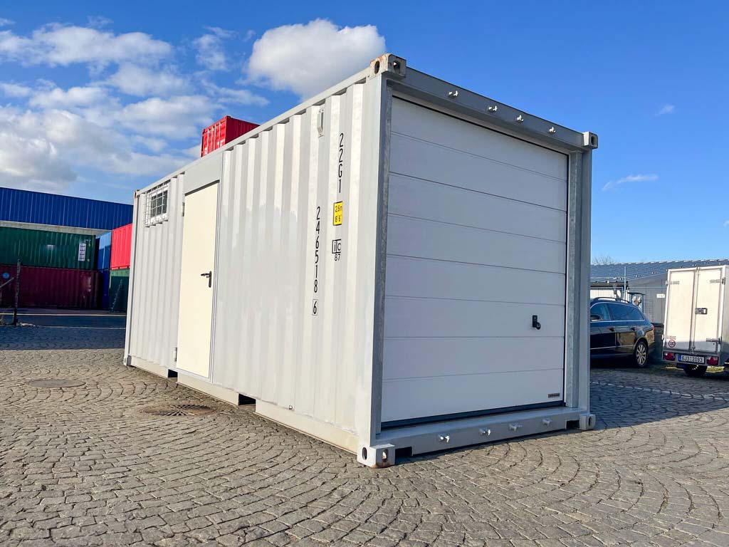20 Fuss Lager Container mit Rolltor Sektionaltor Lichtgrau RAL 7040