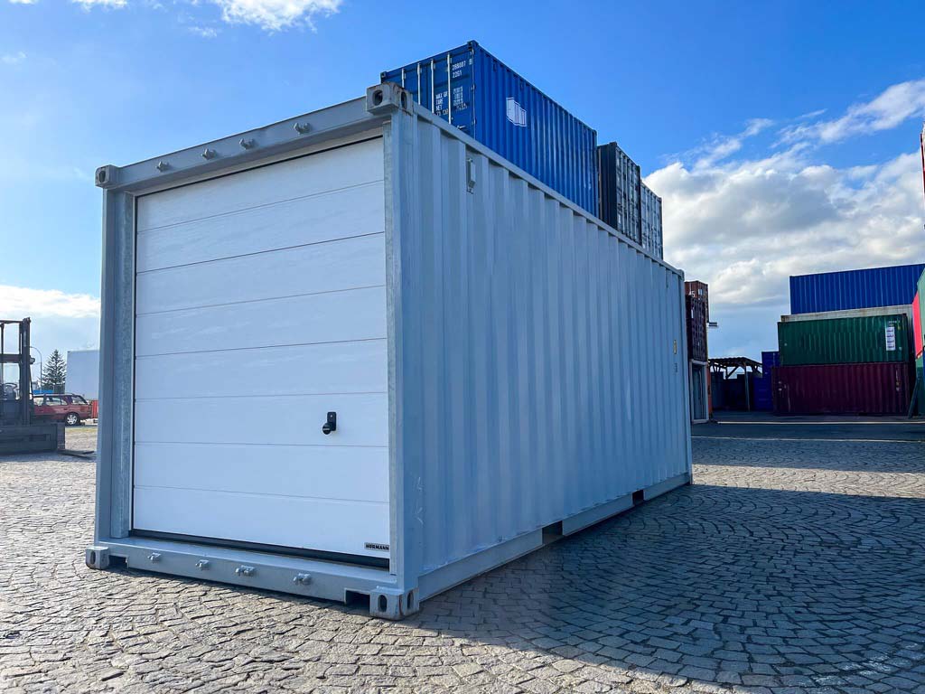 20 Fuss Lager Container mit Rolltor Sektionaltor Lichtgrau RAL 7040