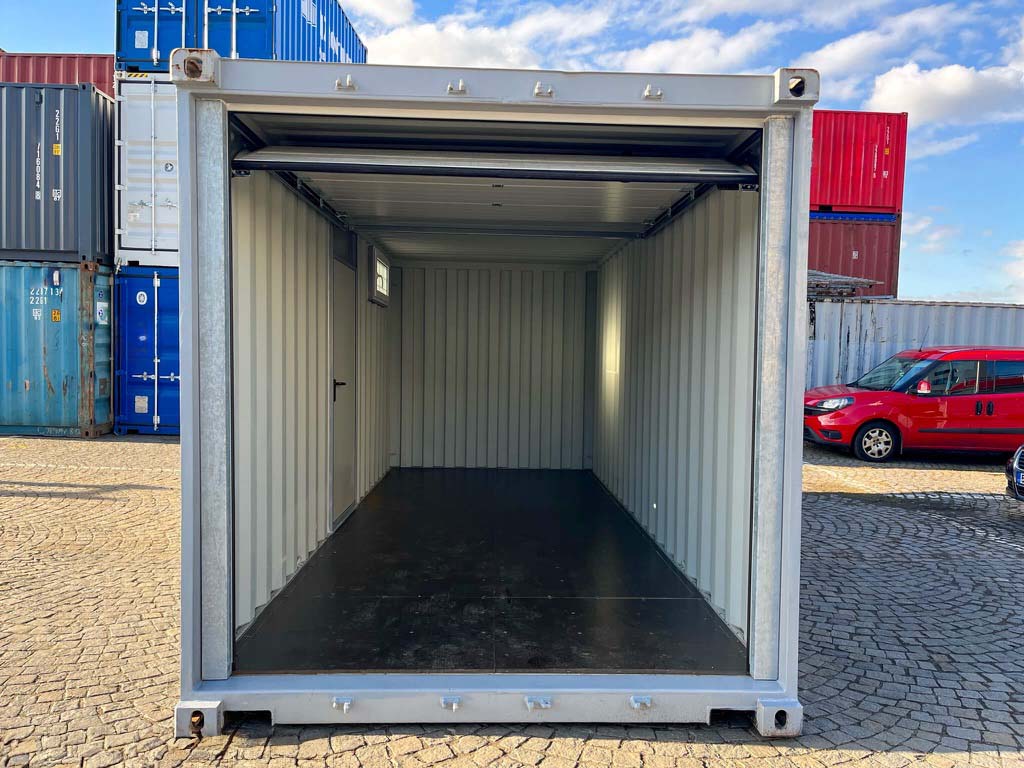 20 Fuss Lager Container mit Rolltor Sektionaltor Lichtgrau RAL 7040